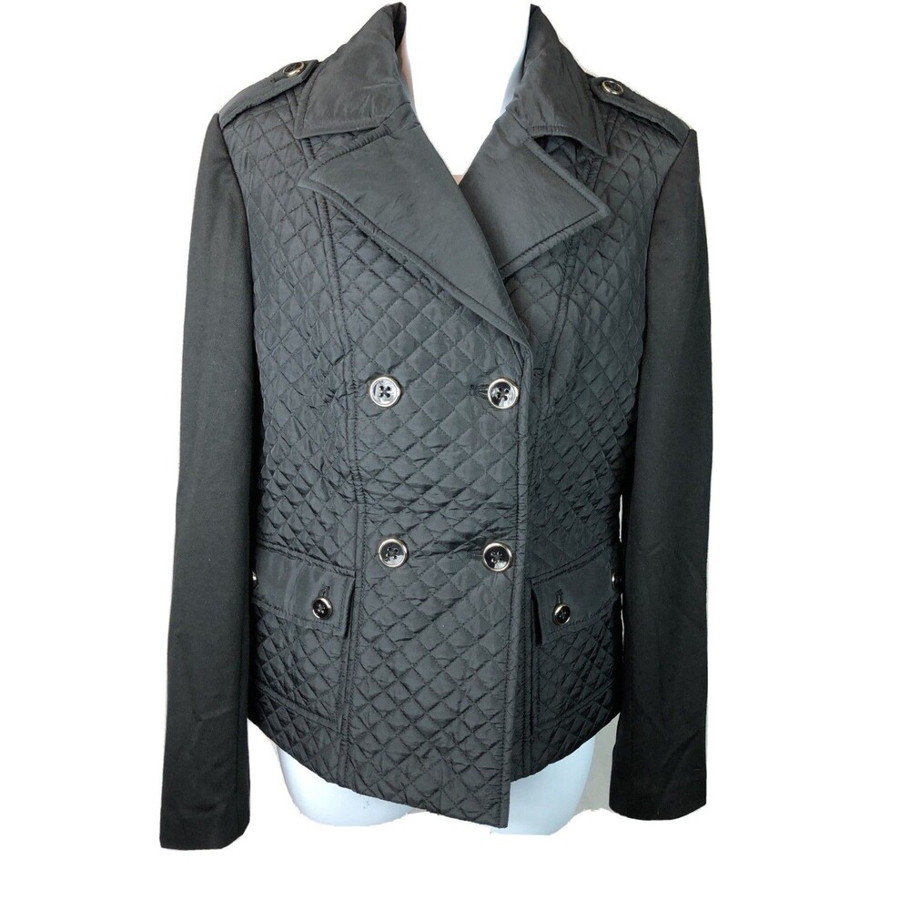 Jones NY Jacket S Blk Quilted Puffer Winter Double Button Notch Collar Outdoor